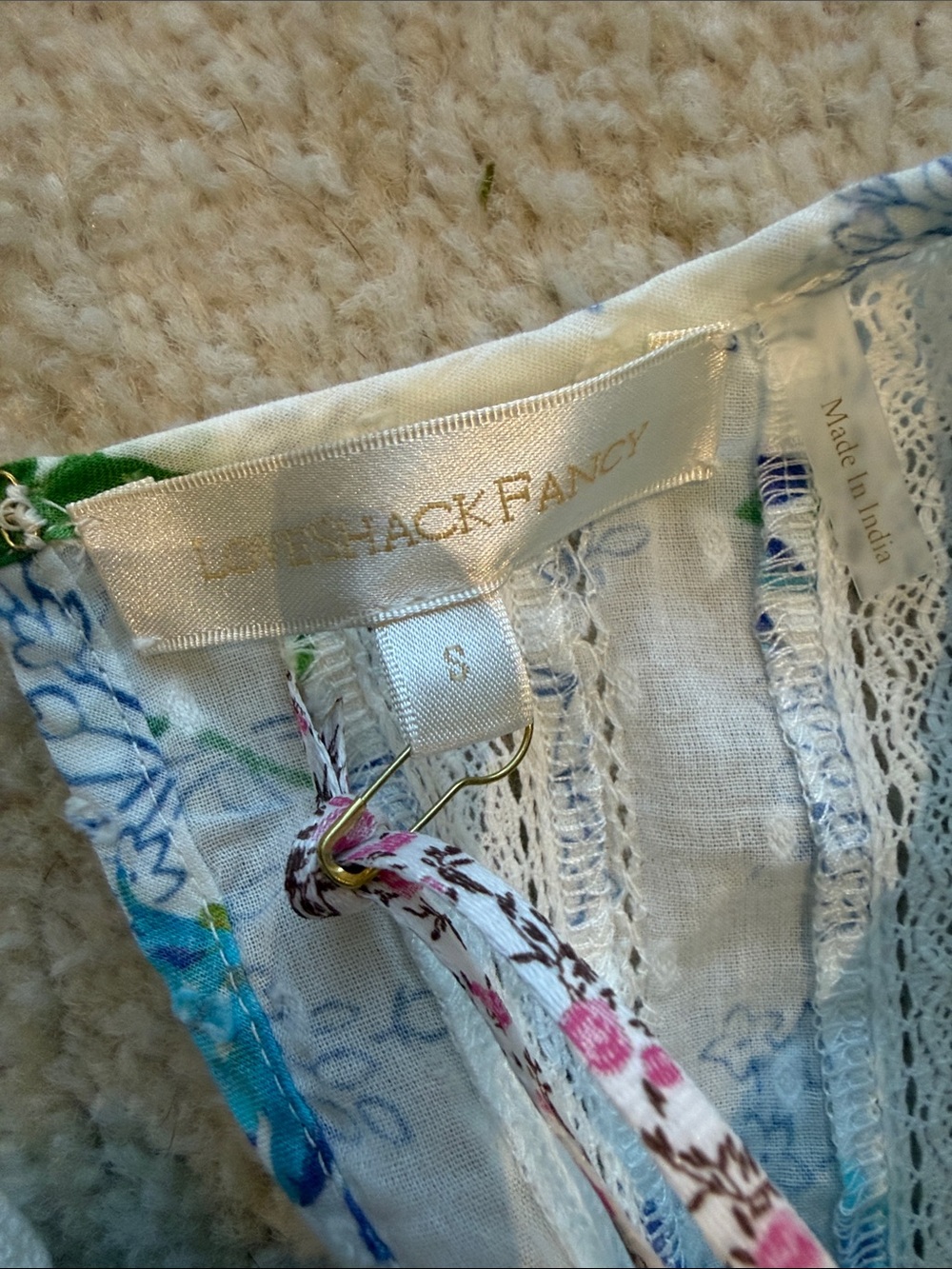 LoveShackFancy White Mini Dress with Blue Floral Print and Green Leaf Accents - Picture 6 of 8